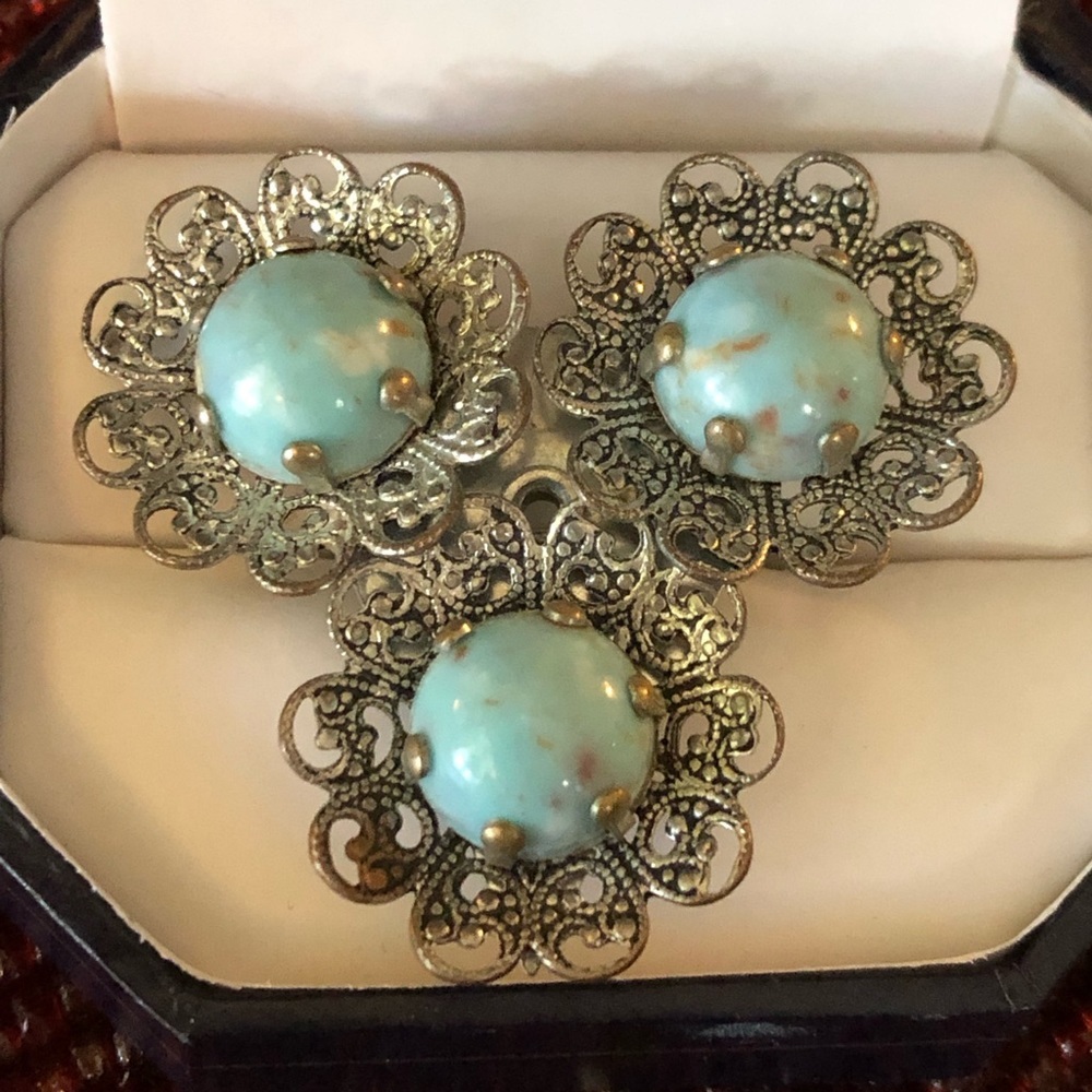 Vintage Filigree Faux Turquoise Brooch Pendant